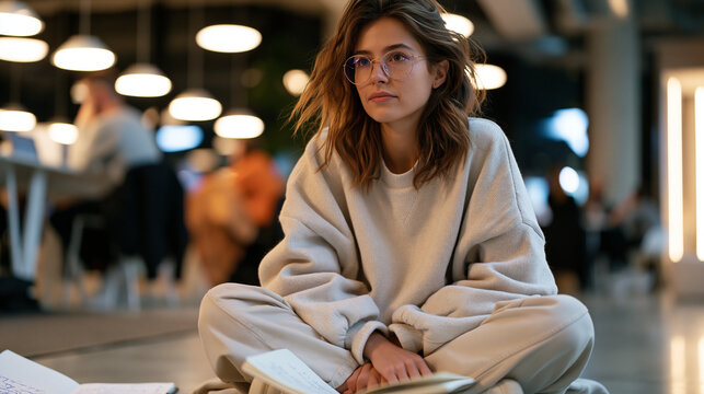 young founder sitting cross-legged on office floor during lunch break, journal open to handwritten self-doubt entries questioning leadership ability, imposter syndrome visible through slumped should