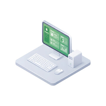 Isometric desktop computer setup with monitor, keyboard, mouse, and cpu on desk.