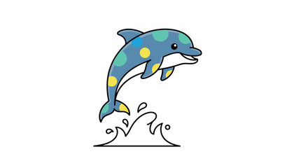 Obraz premium Playful cartoon dolphin with blue and yellow polka dots jumping high out of ocean waves on a white background.
