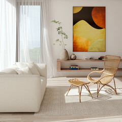 Obraz premium 3D render, illustration Large Luxury modern living room interior, brutalist architecture realistic lighting, Graphic Overlay wide angle, contemporary furniture, clean lines, minimalist decor, elegan