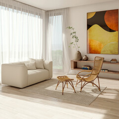 Obraz premium 3D render, illustration Large Luxury modern living room interior, brutalist architecture realistic lighting, Graphic Overlay wide angle, contemporary furniture, clean lines, minimalist decor, elegan
