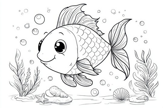 Whimsical cartoon fish coloring page designed for young colorists
