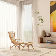 Obraz premium 3D render, illustration Large Luxury modern living room interior, brutalist architecture realistic lighting, Graphic Overlay wide angle, contemporary furniture, clean lines, minimalist decor, elegan