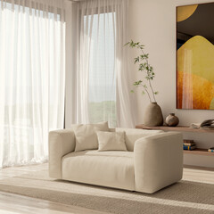 Obraz premium 3D render, illustration Large Luxury modern living room interior, brutalist architecture realistic lighting, Graphic Overlay wide angle, contemporary furniture, clean lines, minimalist decor, elegan