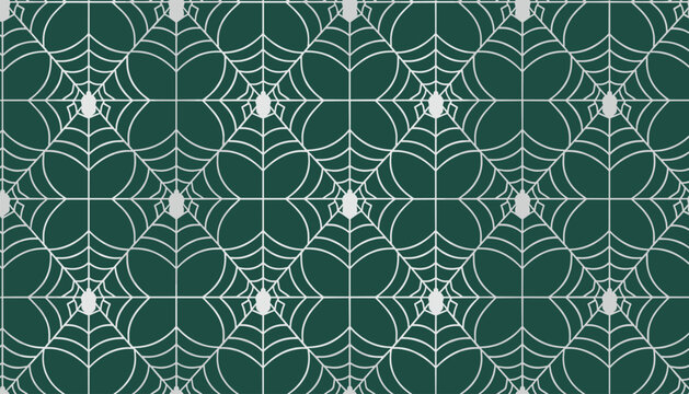 Halloween seamless pattern featuring white spider webs and tiny spiders on a dark green textured background.
