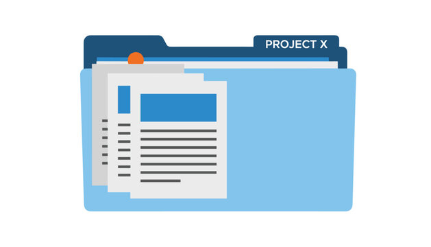 Blue office file folder labeled Project X holding several document sheets with an orange paperclip marker.