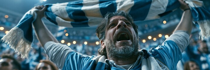Obraz premium Passionate Uruguay football fan raises a national scarf above head wearing the team jersey captured from a dynamic lowangle perspective at a lively stadium.