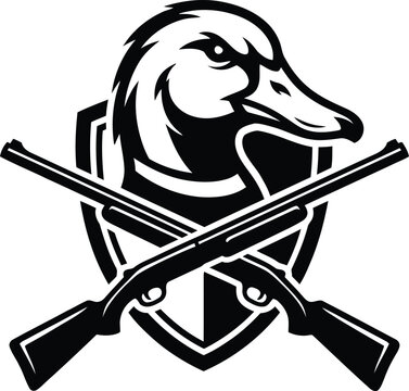 Black and white vector drawing of a duck head silhouette centered over a shield with crossed hunting shotguns.