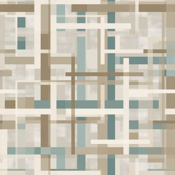 Seamless abstract geometric pattern with overlapping rectangles, grid lines and muted beige, teal and gray tones