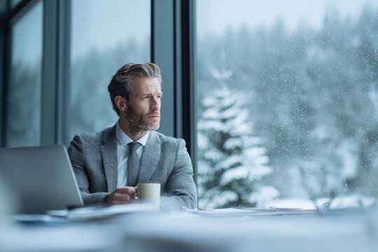 Winter daylight in a minimal office: businessperson focused at a laptop with coffee