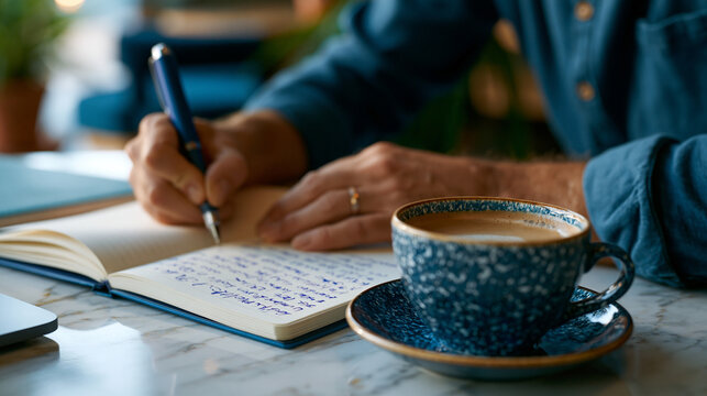 founder journaling in quiet coffee shop corner during rare afternoon away from startup office, open notebook filled with reflection on six months of wrong assumptions, pivot decision notes forming o