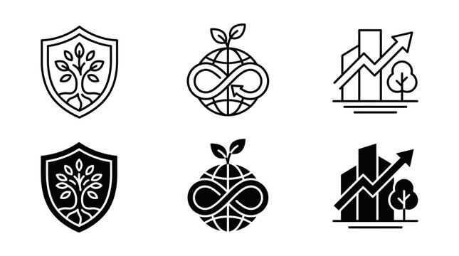 Eco friendly business and global sustainability icon set featuring trees globes and growth charts business environment