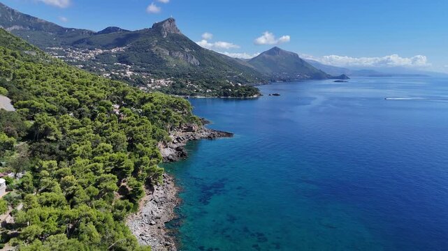 Scenic panoramic coastal view near Maratea, in the Basilicata region of Italy.