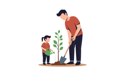 Fototapeta premium Father and daughter planting a tree together in a garden symbolizing family bonding and environmental care