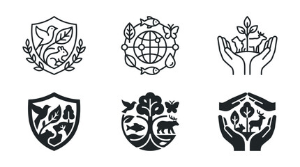 Fototapeta premium Set of environmental conservation and wildlife protection icons in outline and solid styles with environment, wildlife