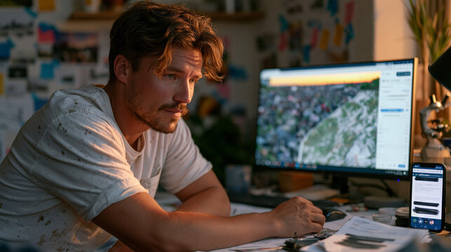 Investigative journalist in coffee-stained apartment uses browser-based geolocation metadata extraction tool on uploaded protest imagery, OSINT methodology notes covering wall behind monitor, burner
