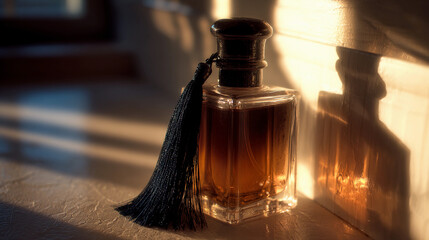 Naklejka premium Perfume bottle with black tassel in moody lighting on a table surface Generative AI