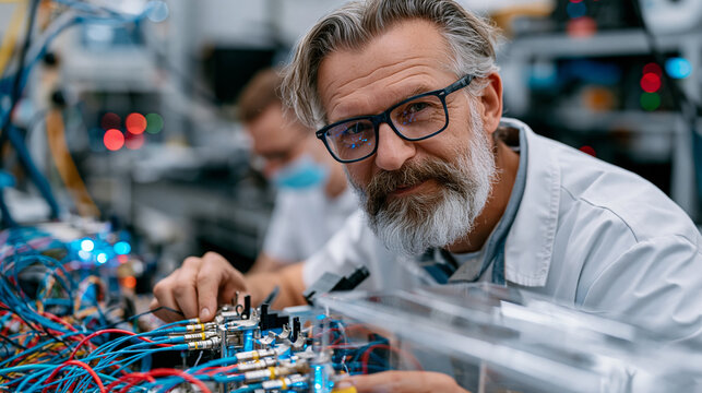 Physicist in university quantum computing laboratory adjusts fiber optic entanglement apparatus connected to cryptographic communication terminal, colleague documenting photon key distribution resul