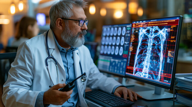 Radiologist in hospital reading room notices cybersecurity alert banner overlaying medical imaging workstation warning of suspicious lateral movement toward diagnostic archive server, paging device 