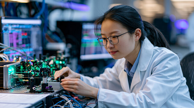 Research scientist in university physics clean room adjusts quantum key distribution transmitter housing, optical bench carrying polarized photon routing components connected to encrypted laboratory