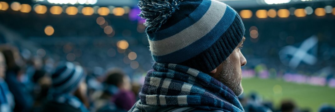 Closeup from behind a Scotland supporter wearing team colors capturing the electric atmosphere as the match ends in a hardfought stalemate against a major contender.