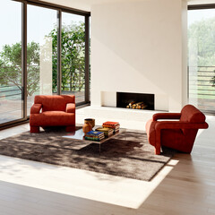 Obraz premium 3D render, illustration Large Luxury modern living room interior, brutalist architecture realistic lighting, Graphic Overlay wide angle, contemporary furniture, clean lines, minimalist decor, elegan