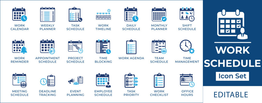 Work schedule icon set featuring business calendar planning, employee time tracking, shift scheduling, project timeline management, office hours, and deadline reminder symbols.