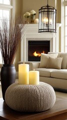 Obraz premium Indoor scene with candles, pouf, vase, sofa, and fireplace in warm light creating a cozy atmosphere during the evening hours