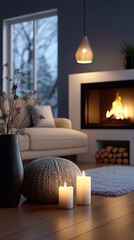 Obraz premium Cozy indoor scene at night with warm lighting, candles, and a fireplace creating a welcoming atmosphere in a modern living room