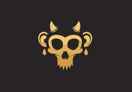 Gold devilish monkey skull illustration on dark background.
