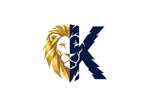 Golden lion head and letter K monogram logo.