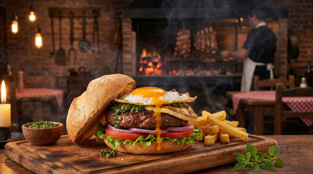 Gourmet beef burger with fried egg and chimichurri by glowing parrilla fire