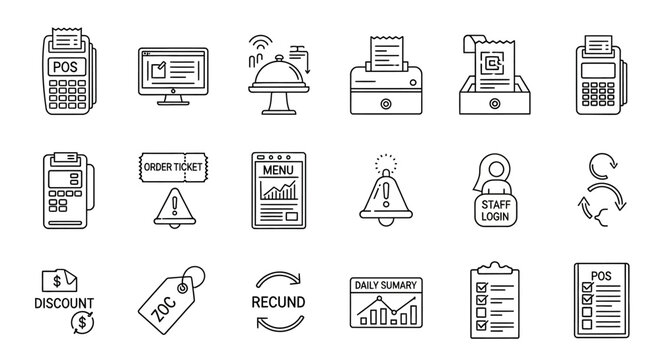 POS and Restaurant Management Line Icon Set
