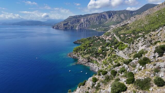 Scenic panoramic coastal view near Maratea, in the Basilicata region of Italy.