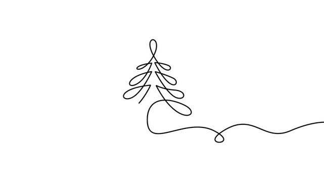 Christmas tree animation drawn with minimal continuous line art for holiday designs. Minimalist Christmas tree animation in single line drawing style on white background.