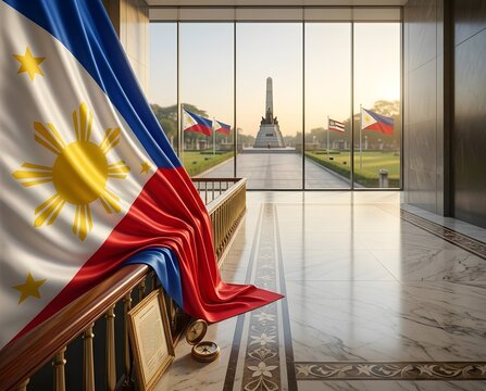 Draped Philippines national flag inside grand hall with window view of historic Rizal monument in Manila