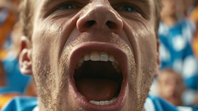 Detailed shot highlighting a soccer players front tooth peeking between open lips emphasizing the physical effort of midgame action in front of cheering fans.