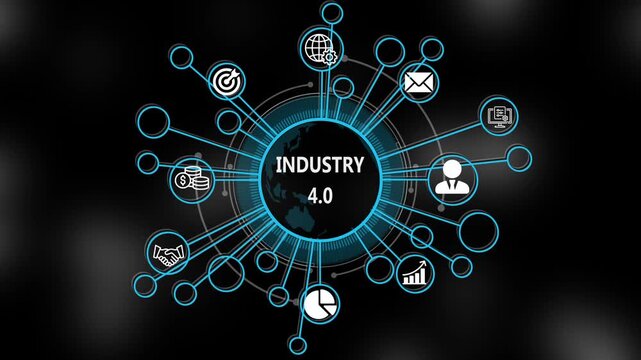 Industry 4. 0 concept 3d illustration. Business, technology, internet and networking concept. Strategic financial success vision displayed on a virtual screen. 4k video