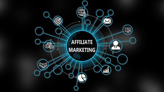 Affiliate marketing concept 3d illustration. Business, technology, internet and networking concept. Strategic financial success vision displayed on a virtual screen. 4k video