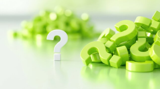 bright green question marks scattered on a light green surface with bokeh background.