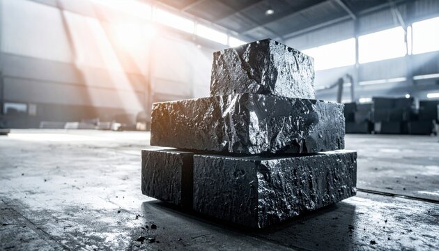 Rough graphite blocks stacked in an industrial facility illuminated by sunlight