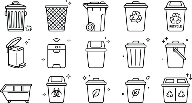 Trash can line icons set collection for recycling garbage waste management eco biohazard dumpster basket outline element vector