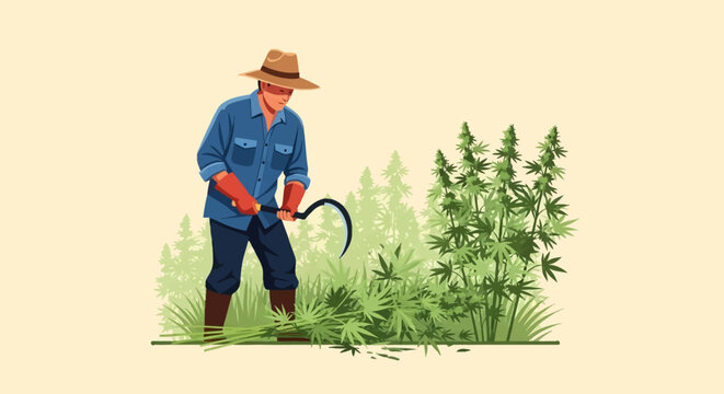 A male farmer in a straw hat and blue shirt harvesting industrial hemp plants with a hand sickle in a field, clean vector illustration of agricultural labor on a plain background.