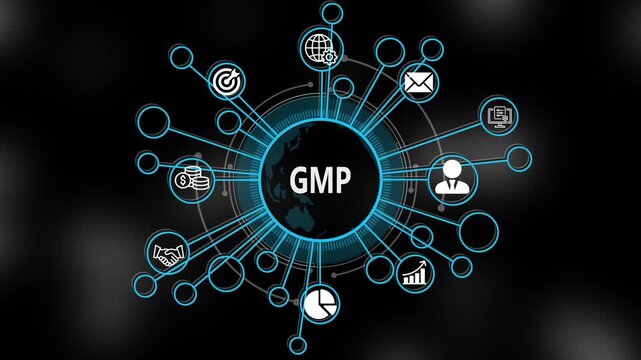 GMP concept 3d illustration. Business, technology, internet and networking concept. Strategic financial success vision displayed on a virtual screen. 4k video