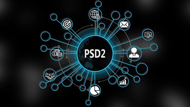 PSD 2 concept 3d illustration. Business, technology, internet and networking concept. Strategic financial success vision displayed on a virtual screen. 4k video