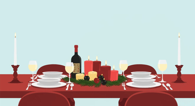 Flat vector illustration of a festive Christmas dinner table setting featuring a red tablecloth, white plates, silverware, wine glasses, wine bottle, and a candlelit evergreen centerpiece.