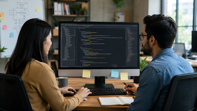 Software developers collaborating on coding project at computer workstation representing teamwork programming development and modern tech workplace environment