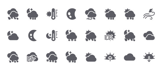 Fototapeta premium 24 filled Weather Forecast web icons such as cloud, snowy, rainy, half moon, windy. Solid vector glyphs for report, presentation, web design and mobile app