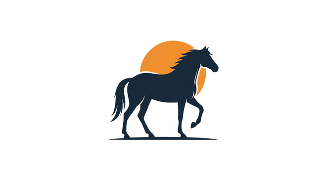 Minimalist silhouette of a standing horse in profile with one leg raised, set against a circular orange sun background on white. Clean vector illustration for equestrian logo.