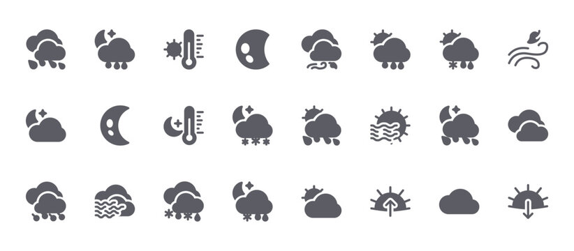 24 filled Weather Forecast web icons such as cloud, snowy, rainy, half moon, windy. Solid vector glyphs for report, presentation, web design and mobile app